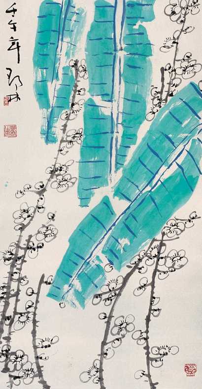 邓林 2002年作 蕉叶梅花 立轴